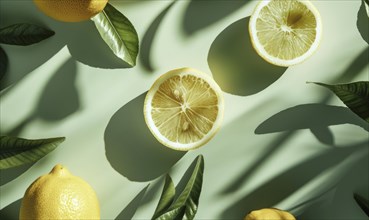 Sliced lemons with leaves on a light green background AI generated