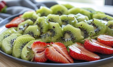 Sliced kiwi and strawberry fruit platter on a light wooden background AI generated