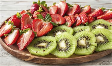 Sliced kiwi and strawberry fruit platter on a light wooden background AI generated