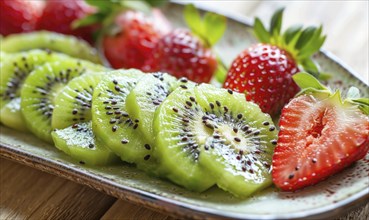 Sliced kiwi and strawberry fruit platter on a light wooden background AI generated