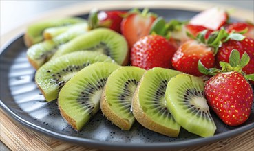 Sliced kiwi and strawberry fruit platter on a light wooden background AI generated