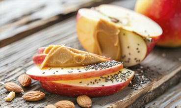 Sliced apple with almond butter and chia seeds on a light wooden background AI generated