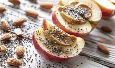 Sliced apple with almond butter and chia seeds on a light wooden background AI generated