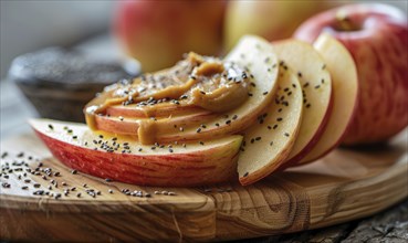 Sliced apple with almond butter and chia seeds on a light wooden background AI generated