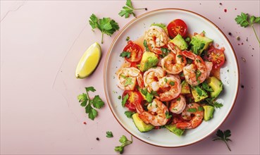 Shrimp ceviche with avocado and tomato on a light pink background AI generated