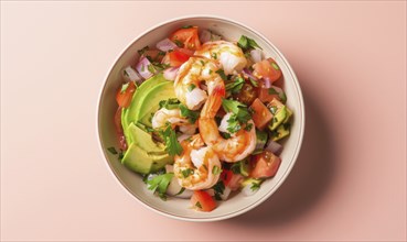 Shrimp ceviche with avocado and tomato on a light pink background AI generated