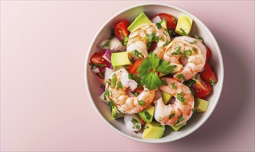 Shrimp ceviche with avocado and tomato on a light pink background AI generated