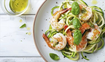 Shrimp and zucchini noodles with pesto on a light wooden background AI generated