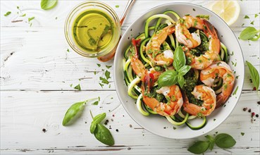 Shrimp and zucchini noodles with pesto on a light wooden background AI generated