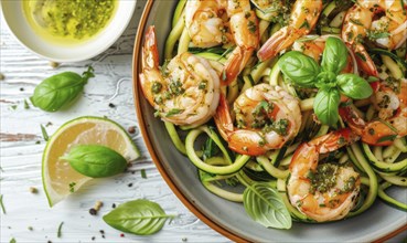 Shrimp and zucchini noodles with pesto on a light wooden background AI generated