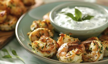 Shrimp and zucchini fritters with yogurt dip on a pastel green plate AI generated