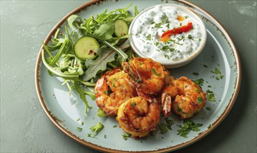 Shrimp and zucchini fritters with yogurt dip on a pastel green plate AI generated