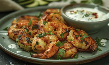 Shrimp and zucchini fritters with yogurt dip on a pastel green plate AI generated