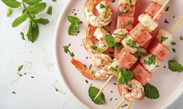 Shrimp and watermelon skewers with mint on a pastel pink plate AI generated