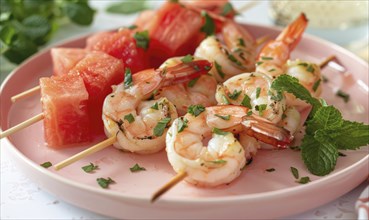 Shrimp and watermelon skewers with mint on a pastel pink plate AI generated