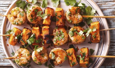 Shrimp and sweet potato bites with cilantro on a light wooden background AI generated