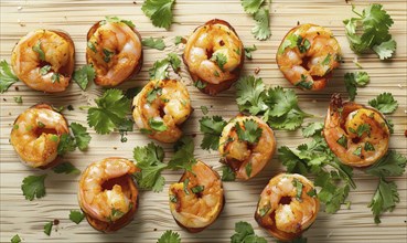 Shrimp and sweet potato bites with cilantro on a light wooden background AI generated