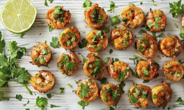 Shrimp and sweet potato bites with cilantro on a light wooden background AI generated