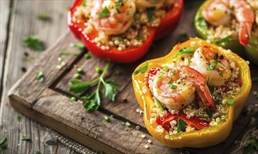 Shrimp and quinoa stuffed bell peppers on a light wooden background AI generated