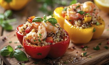 Shrimp and quinoa stuffed bell peppers on a light wooden background AI generated