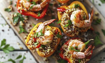 Shrimp and quinoa stuffed bell peppers on a light wooden background AI generated