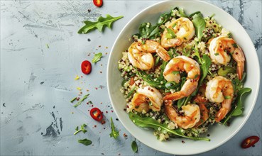 Shrimp and quinoa salad with citrus dressing on a light blue background AI generated