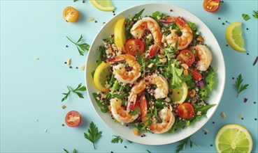 Shrimp and quinoa salad with citrus dressing on a light blue background AI generated