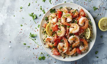 Shrimp and quinoa salad with citrus dressing on a light blue background AI generated