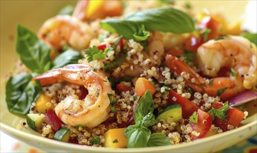 Shrimp and quinoa bowl with vegetables on a pastel yellow plate AI generated