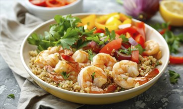 Shrimp and quinoa bowl with vegetables on a pastel yellow plate AI generated