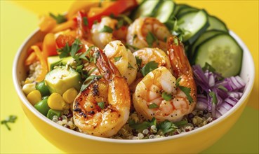 Shrimp and quinoa bowl with vegetables on a pastel yellow plate AI generated