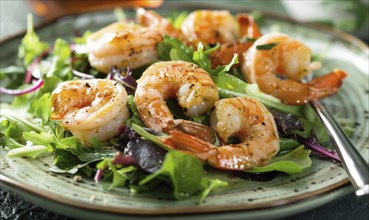 Shrimp and mixed greens salad on a pastel green plate AI generated