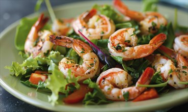 Shrimp and mixed greens salad on a pastel green plate AI generated