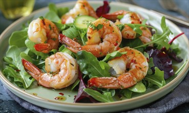 Shrimp and mixed greens salad on a pastel green plate AI generated