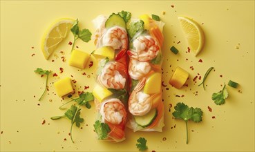 Shrimp and mango summer rolls with peanut sauce on a light yellow background AI generated