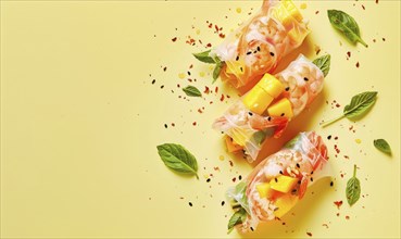 Shrimp and mango summer rolls with peanut sauce on a light yellow background AI generated