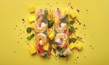 Shrimp and mango summer rolls with peanut sauce on a light yellow background AI generated