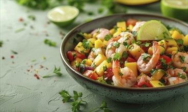 Shrimp and mango salsa with lime on a light green background AI generated