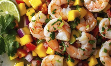 Shrimp and mango salsa with lime on a light green background AI generated