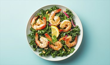 Shrimp and kale salad with lemon vinaigrette on a light blue background AI generated