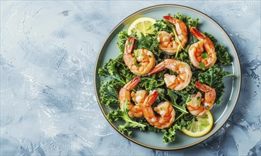 Shrimp and kale salad with lemon vinaigrette on a light blue background AI generated