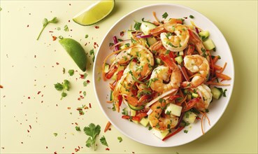 Shrimp and jicama slaw with lime on a light yellow background AI generated