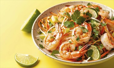 Shrimp and jicama slaw with lime on a light yellow background AI generated