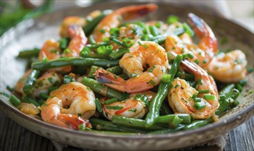 Shrimp and green bean stir-fry with garlic on a light wooden background AI generated