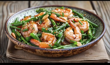 Shrimp and green bean stir-fry with garlic on a light wooden background AI generated