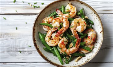 Shrimp and green bean stir-fry with garlic on a light wooden background AI generated