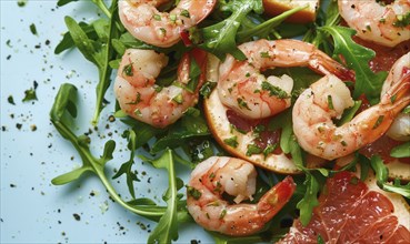 Shrimp and grapefruit salad with arugula on a light blue background AI generated