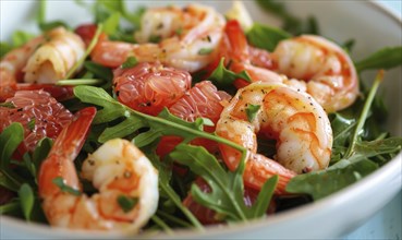 Shrimp and grapefruit salad with arugula on a light blue background AI generated