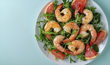 Shrimp and grapefruit salad with arugula on a light blue background AI generated