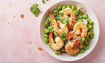 Shrimp and edamame salad with sesame seeds on a light pink background AI generated